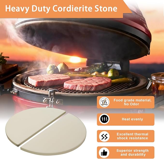 15 Inch Half-Moon Ceramic Heat Deflector Plates for Kamado Joe Classic I, II, III, Big Green Egg Grill Parts BQ Accessories, 2-Pack Pizza Stone