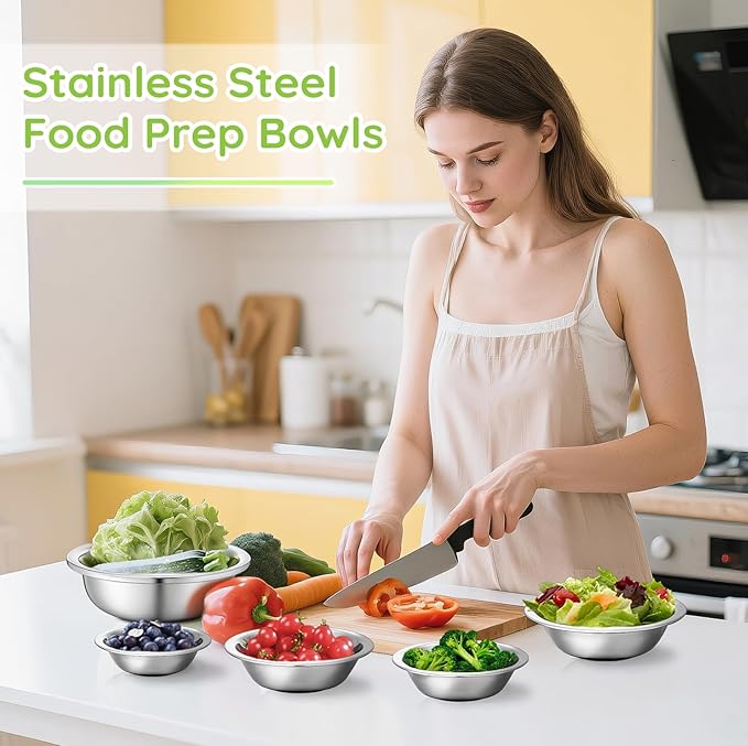 304(18/8) Stainless Steel Mixing Bowls for Kitchen, 6 Pack 7" 21.22 fl.oz Metal Mixing Bowls Set Stackable for Baking Serving Cooking Food Prep Storage Dishwasher Safe Lightweight