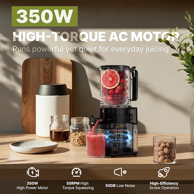 Cold Press Juicer, 5.5inch Wide Feed Chute Juicer Extractor Machine, Slow Masticating Juicer for Whole Vegetables & Fruits, Gray
