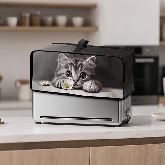 Toaster Cover 2 Slice Grey Cat Slim 2 Slice Toaster Cover Easy to Fold and Carry, Heat-Resistant Dustproof Dust Covers for Toasters Long Slot, Machine Washable