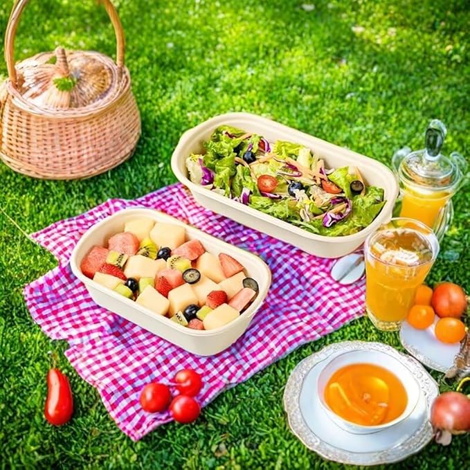 Aksipo 50 Pack 33 Oz Disposable Meal Prep Containers with Lids, Rectangle Paper Bowls with Lids for Salad,Leftovers, Leak-proof To Go Food Box Cardboard Lunch Box Compostable Take Out Food Containers