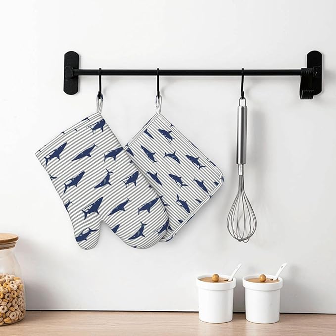 Sharks Oven Mitts and Pot Holders Sets Silicone Blue Shark Grey Stripes Kitchen Oven Mitts Hot Pads Heat Resistant Potholders Kitchen Mitts Set for Baking BBQ Cooking