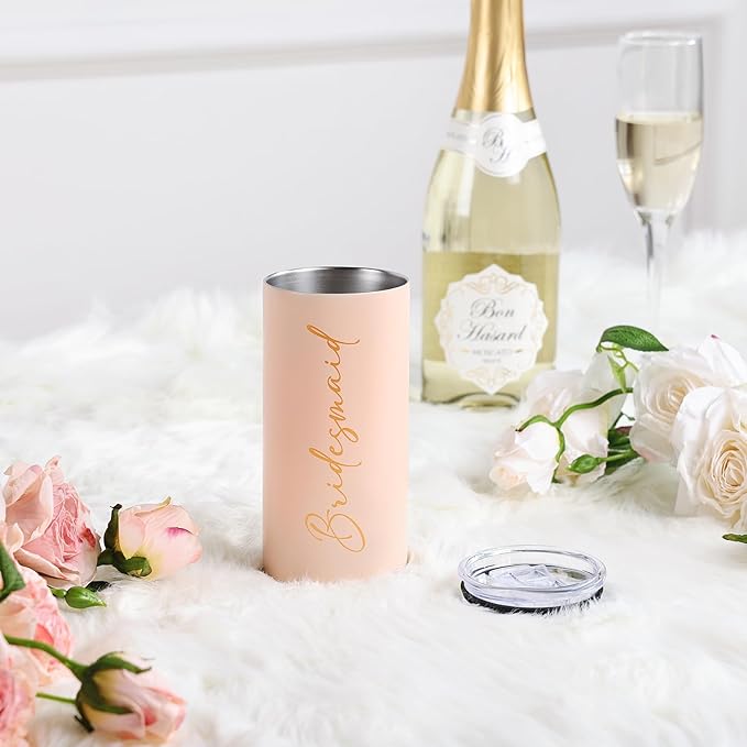 Bridesmaid Proposal Gifts Set of 5 Bachelorette Gifts for Bridesmaids Maid of Honor Cups Wedding Party Favors Stainless Steel Skinny Tumbler with Lid and Straw 15 OZ