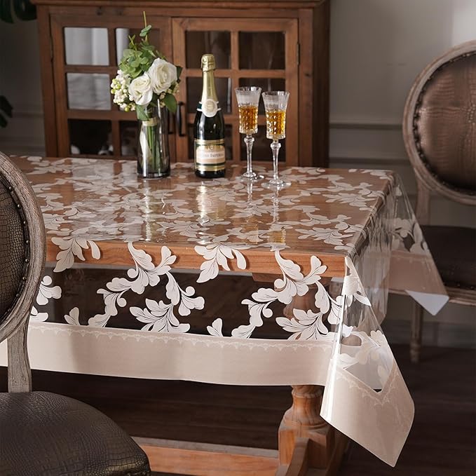 Waterproof Clear Table Cover Protector Vinyl Rectangle Table Cloth Oil Spill Proof Wipe Clean Plastic Tablecloths for Dining Tables (Scroll Grass, 60 x 120 Inches)