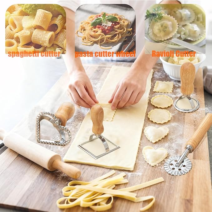Rotary Pasta Drying Rack,Detachable Wood Pasta Rack with Pasta Molds & Stamps Ravioli with Pasta Cutter Wheel (4 pcs),Spaghetti Pasta Dryer Rack Collapsible Noodle Drying Rack Hanger Stand