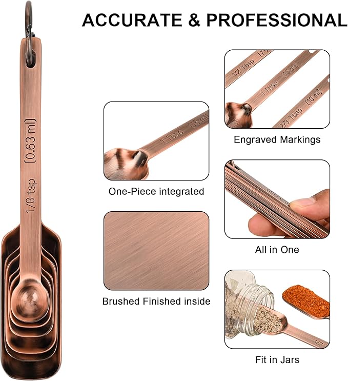 Copper Measuring Cups and Spoons Set of 18, 7 Measuring Cups, 9 Measuring Spoons, Stainless Steel Measuring Spoons and Cups for Dry & Wet Ingredients During Kitchen & Baking