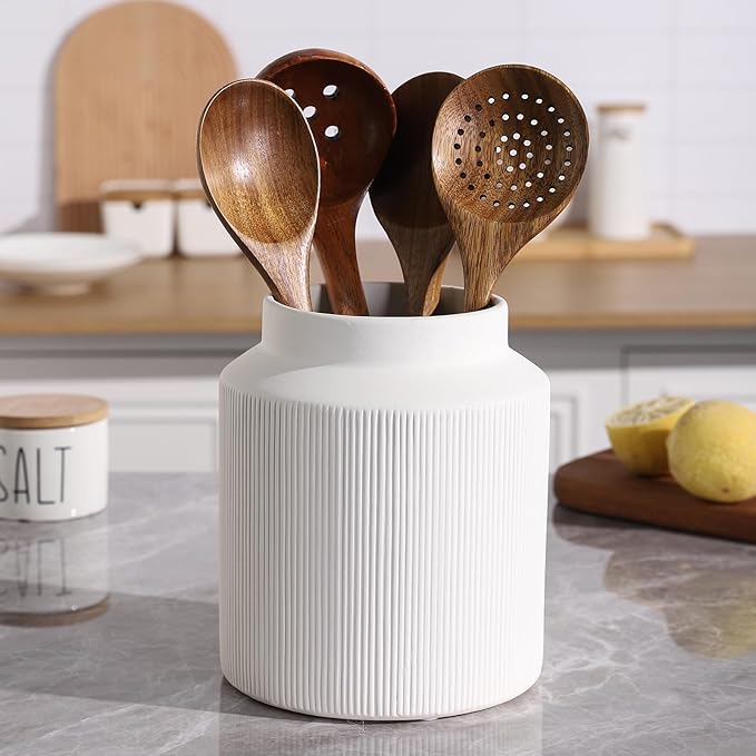 Farmhouse Ceramic Farmhouse Kitchen Utensil Holder for Countertop, Rustic Cooking Utensil Holder Crock Fit for Kitchen Counter. White 6.1 x 6.1 x 7 IN