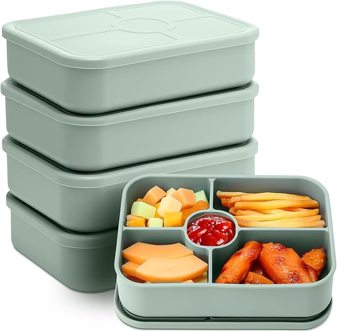 Jingmore 4 Pack Silicone Bento Boxes for Adults, 5 Compartment Reusable Lunch Containers with Sauce Section, Leakproof Meal Prep Snack Box Microwave & Dishwasher Safe for Office(Green)