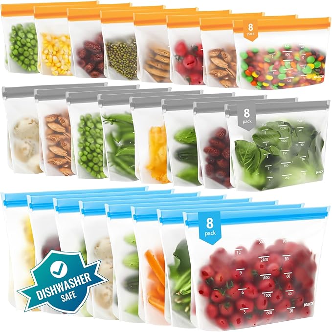 Dishwasher Safe Reusable Storage Bags Stand Up - BPA Free Reusable Sandwich Bags - Leakproof Gallon Freezer Bags for Marinate Meats, Salad Fruit - Multicolor 8 Gallon + 8 Sandwich + 8 Snack Bags