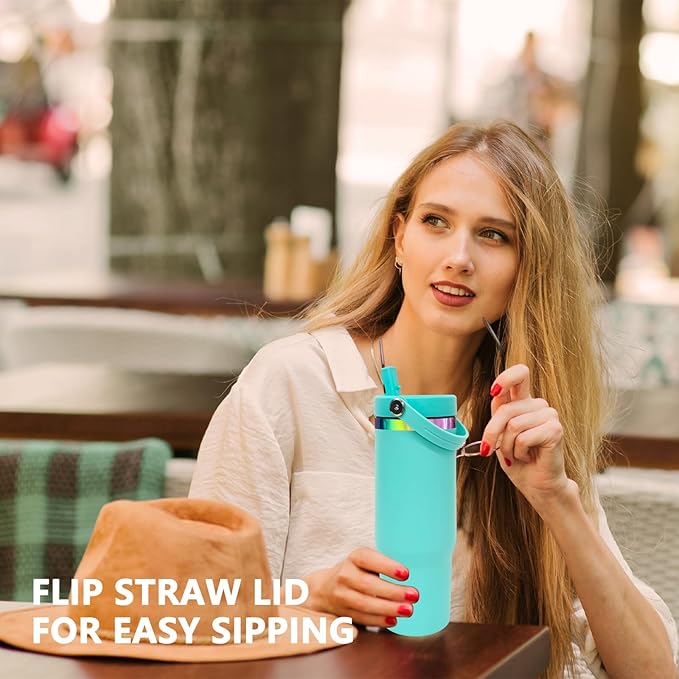 30 oz Tumbler Bulk with Handle and Straw, Vacuum Insulated Tumblers with Flip Straw and Top Handle, Leakproof Powder Coated Tumbler, Stainless Steel Travel Mug for Coffee Water (Blue, 4 Pack)