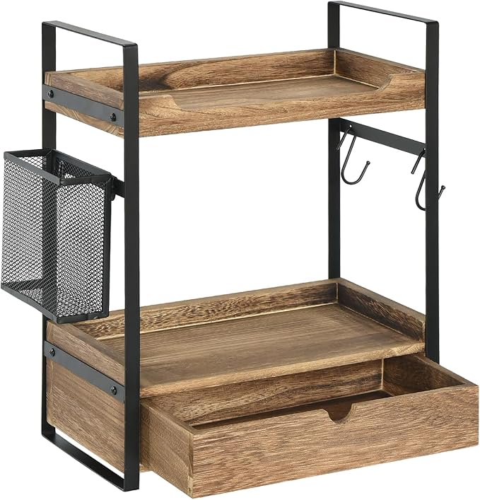 Coffee Station Organizer Countertop, Wooden Coffee Bar Accessories Organizer with Basket, 2 Mug Holder Hooks and Pod Drawer, Multifunctional 2 Tier Countertop Organizer for Kitchen, Bathroom, Office