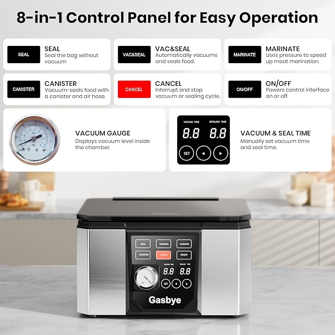 Gasbye Chamber Vacuum Sealer – 5.3QT Large Chamber, Replaceable 11.5" Sealing Bar with Double Seal, Perfect for Meats, Soups, Sauces & Liquids, Includes 30 Pre-Cut Vacuum Bags, Stainless Steel