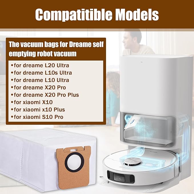 8 Pack Dust Bags Compatible with Dreametch L20 Ultra L10 Ultra L10s Ultra X10 Plus X20 Pro S10 Pro Robot Vacuum, Self-Emptying Base Vacuum Bags Replacement Accessory Parts
