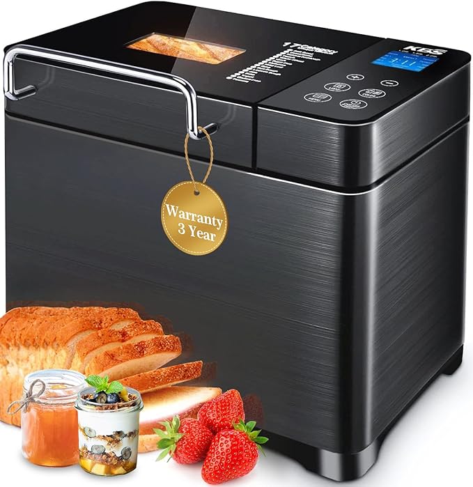 KBS 710W 2LB Bread Maker Dual Heaters, 17-in-1 Stainless Steel Bread Machine with Healthy Ceramic Pan, Automatic Nut Dispenser, Tempered Glass Touch Panel, 3 Crust Colors, 15H Timer& Keep-Warm,Recipes