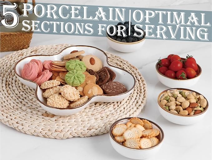 ONEMORE Chip and Dip Serving Set, 8.5 inch Speckled Ceramic Divided Serving Platter Small Appetizer Tray with 4 Removable Dishes for Nuts, Candy, Snacks, Veggies, Rustic Serving Bowls for Entertaining