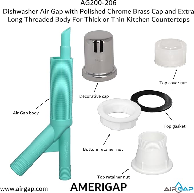 Dishwasher Air Gap with Skirted Polished Chrome Brass Cap and Extra Long Threaded Body for Thick or Thin Kitchen Countertops (AG200-206, AG200-X06, AMERIGAP)