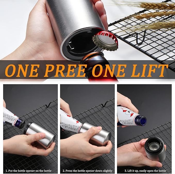 2PCS Pop-the-Top Beer Bottle Opener, Metal Automatic Magnetic Glass Bottle Cap Openers, Wine Bartender Tool Cap Catcher for Bar, Party, Wine Ceremony, Restaurant Household Utensils, Easy to Use-Silver