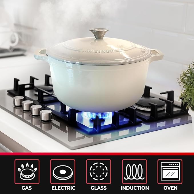 MUELLER HOME 7.5 QT Enameled Cast Iron Dutch Oven, Heavy-Duty Casserole Dish and Braiser Pan with Lid and Stainless Knob, Oven-Safe up to 500° F & Across All Cooktops, Oyster White