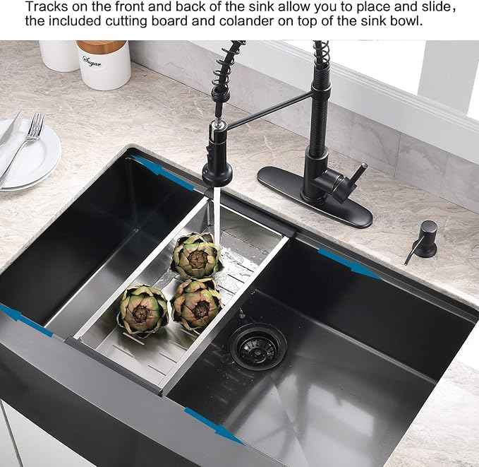 33 Inch Farmhouse Kitchen Sink Workstation Black - VOKIM 33x22 Apron Front Kitchen Sink Stainless Steel 16 Gauge Single Bowl Gunmetal Farm Sink