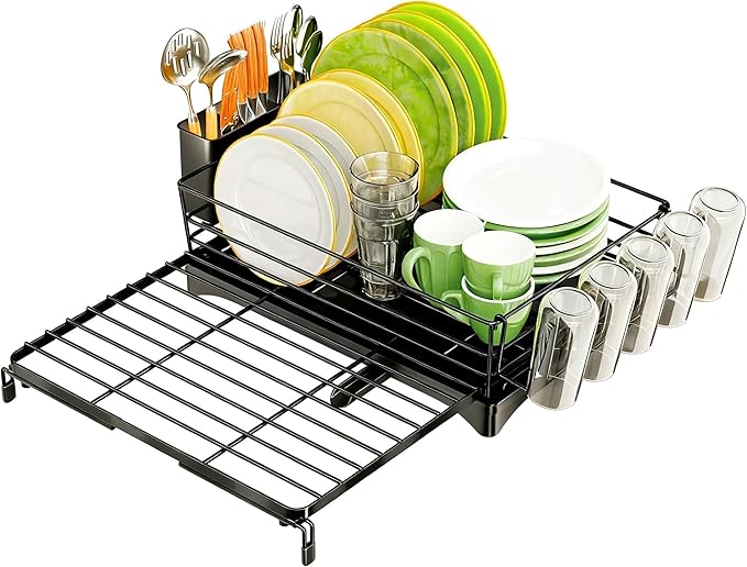 Ekisemio Expandable Dish Drying Rack for Kitchen Counter, Large Capacity Dish Drainer with Utensil Holder & Drip Tray, Space Saving Organizer (12.7"-21.7" x 17"), Black