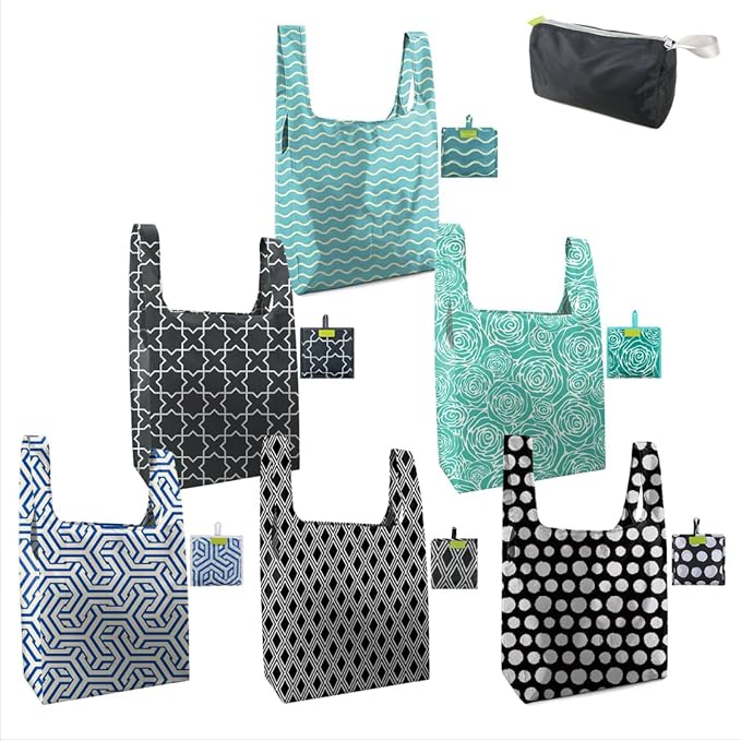 BeeGreen Geometry Reusable Grocery Bags Bulk 6 Packs X-Large, Reusable Shopping Bags Foldable for Groceries, Vegetables, Fruits Watertight Bulk Tote Bags Washable For Women and Men