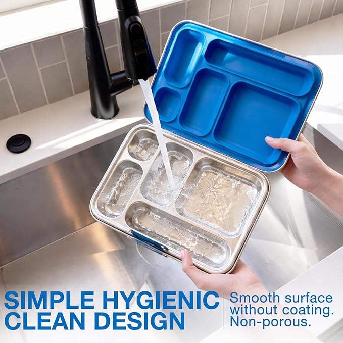 Stainless Steel Bento Box for Adults, 5 Compartment Leak-Resistant Lunch Box, Removable Silicone Seal, Snap Latch Lid, 4 Cup Metal Food Container with Utensil Section, Cerulean Blue