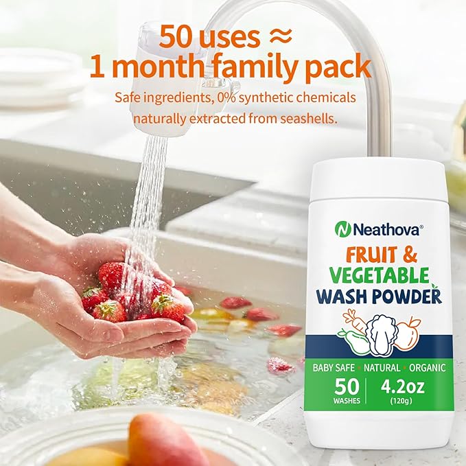 Fruit & Veggie Wash Powder, Natural Organic Produce Cleaner for Pesticides & Wax Removal, Baby Safe Eat Cleaner for Fruits & Vegetables, 50 Washes, 4.2oz (120g), Extra Matcha Powder & Tea Polyphenols