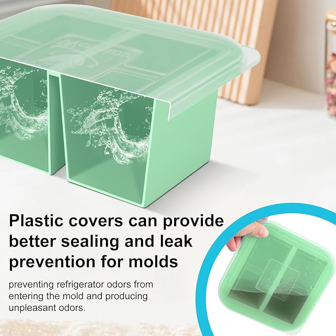Silicone Freezer Tray with Lid 4 Pack Silicone Freezer Molds Ice Cube Tray Makes 8 Perfect 1 Cup Portions Soup Cubes Meal Prep Containers- Oven & Dishwasher Safe