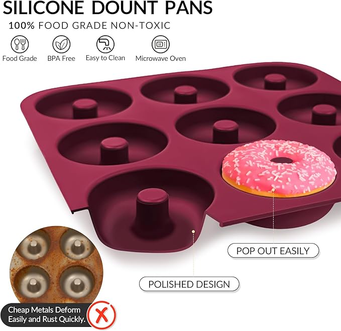 Large Silicone Donut Pan for Baking, 9 Cavity Non-Stick Food Grade Silicone Donut Molds, Doughnut Pan and Bagel Pans for Baking & Kitchen, BPA Free 11.2 x 11.1 Inches, Dishwasher Safe - Claret Red