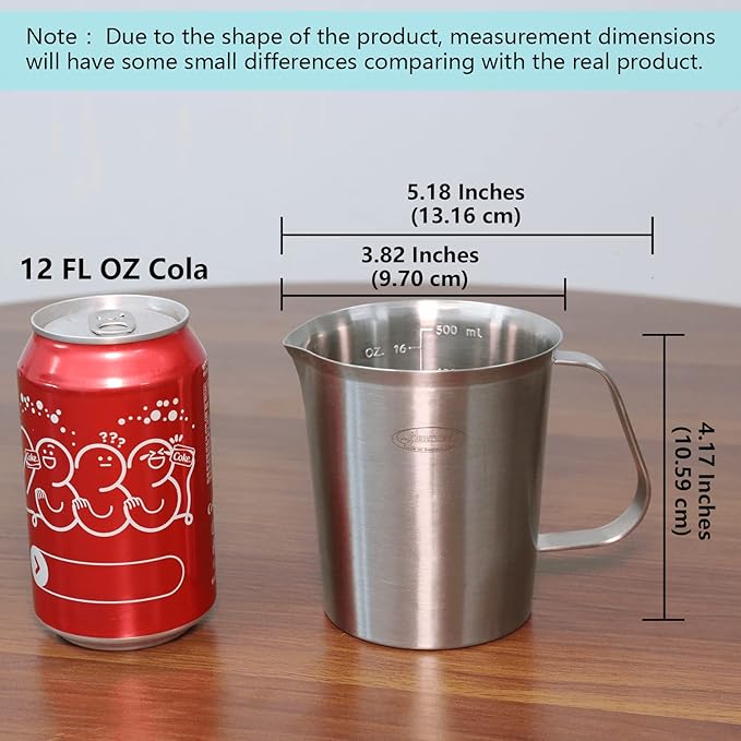 Newness Stainless Steel Measuring Cup, Metal Measuring Cup with Handle (Upgraded, 3 Marking Including Cup/ML/Ounce Scale), 16 Ounces (0.5 Liter, 2 Cup) (Pack of 2)