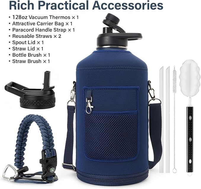 DYSANKY 1 Gallon Water Bottle Insulated | Thickened Stainless Steel Vacuum Metal Water Jug | Portable Sports Large for Gym and Hiking with Straw, Carrier Bag, Handle Strap | BPA-Free 128 oz