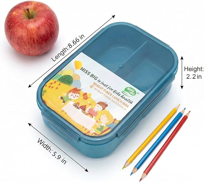 MISS BIG Bento Lunch Box for Kids – Wheat Material with Compartments, Leak-Resistant for School and Daycare (1150ml Nile Blue)