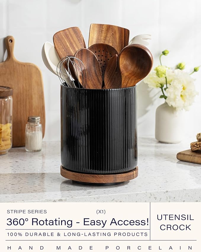 getstar Extra Large Rotating Utensil Holder for Kitchen Counter, 7.9" Ceramic Utensils Crocks Set for Countertop Large & Small Utensil Organizer for Spatula Farmhouse Kitchen Decor