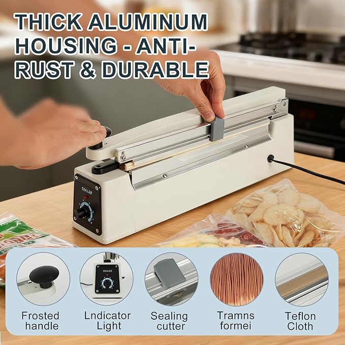 Impulse Heat Sealer with Sealing Bar: Heavy-Duty Bag Sealer with Extra Cutting Blade (White, 16-Inch)