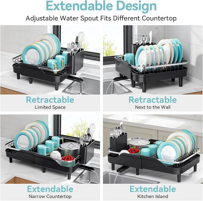 Urackify Expandable Dish Rack for Kitchen Counter,16.14"-23.62" Large Stainless Steel Dish Drying Rack with Adjustable Water Spout, Space Saving Dish Drainer with Auto Draining Cutlery Holder,Black