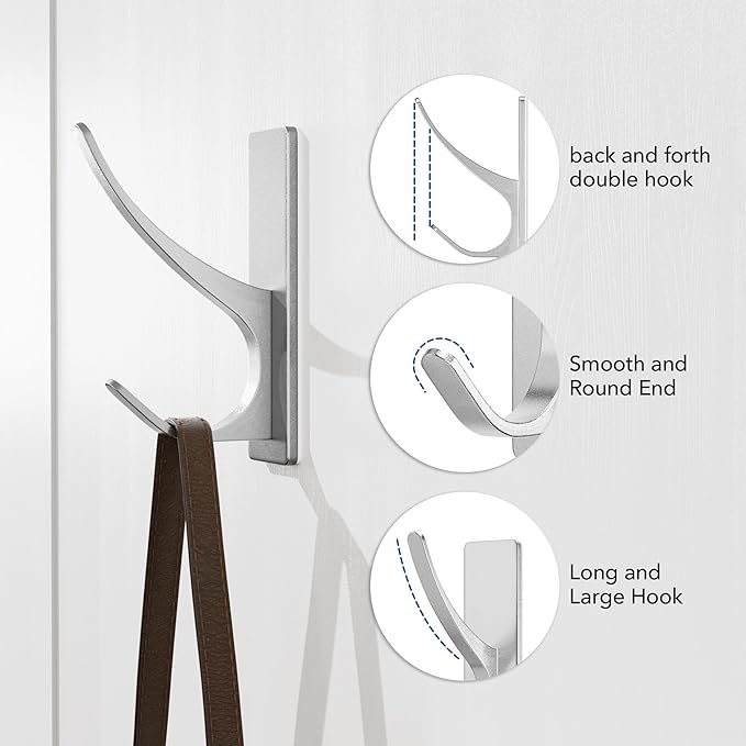pickpiff Silver Self Adhesive Coat Hooks for Hanging: 13LB Extra Strong Stainless Wall Hook for Towel, Utensil, Backpack, Hat, Sturdy Metal Hanger for Bathroom, Kitchen, Door, 10-Pack