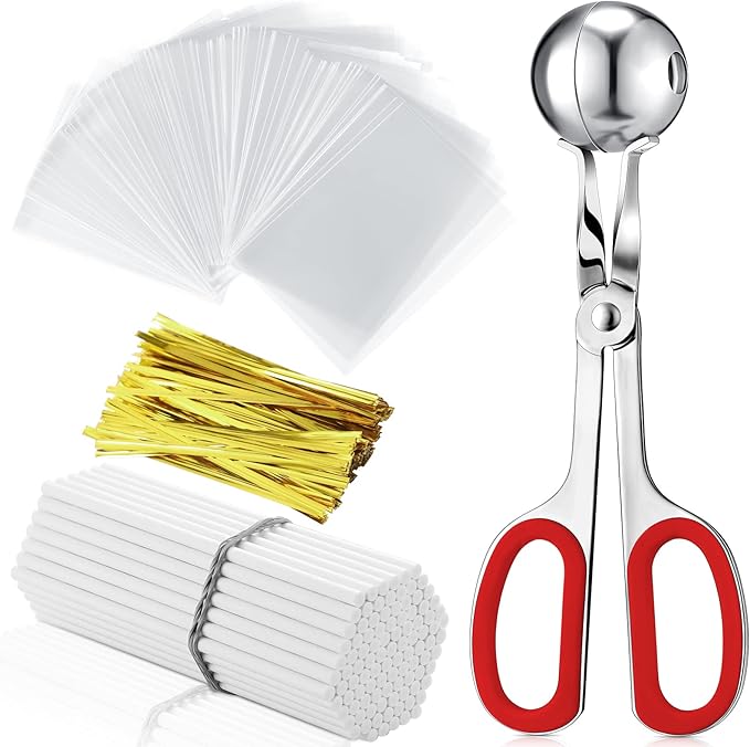 Yinkin Cake Pop Mold Sticks and Wrappers Cake Pop Kit Set Include 100 Parcel Bags 100 Papery Treat Sticks Metallic Twist Ties Scooper Ball Maker Lollipop Tools for Candy Chocolates and Cookies(Red)