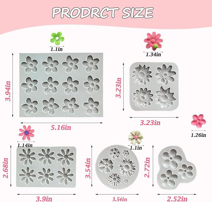 5Pcs Flower Molds Silicone Chocolate Mold Daisy Flower Fondant Polymer Clay Resin Mold Soap Ice Cube Jello Molds for Baking and Cake Cupcake Decorating (Gray Daisy Flower)