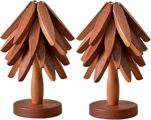 Natural Foldable Black Walnut Wooden Trivet Set - 4 Trivets + 1 Stand for Hot Dishes, Pot, Bowl, Teapot, Hot Pot Holders (Black Walnut 2PCS)