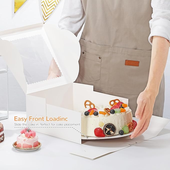 White Cake Boxes 10 Inch with Window， 4 Set Bakery Boxes with Cake Boards & Stickers, Tough Containers for Layer Cakes, Cupcakes, Desserts Food Safe Packaging（10x10x5 inch）