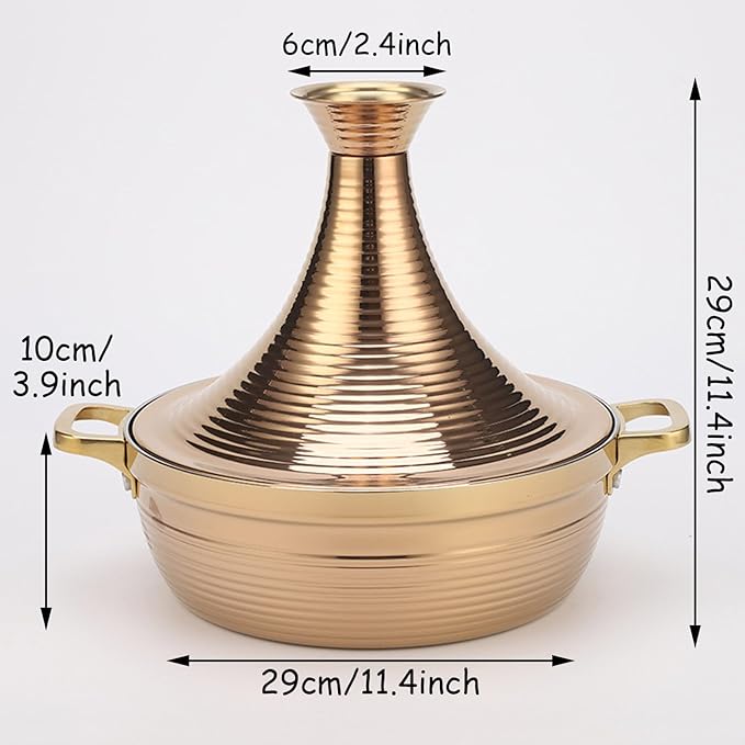 Moroccan Tagine Cooking Pot,Stainless Steel Non Stick Moroccan Casserole with 2 Handles,Large Moroccan Cooker Handmade Tagine Pot with Cone-Shaped Lid(29cm, Rose Gold)