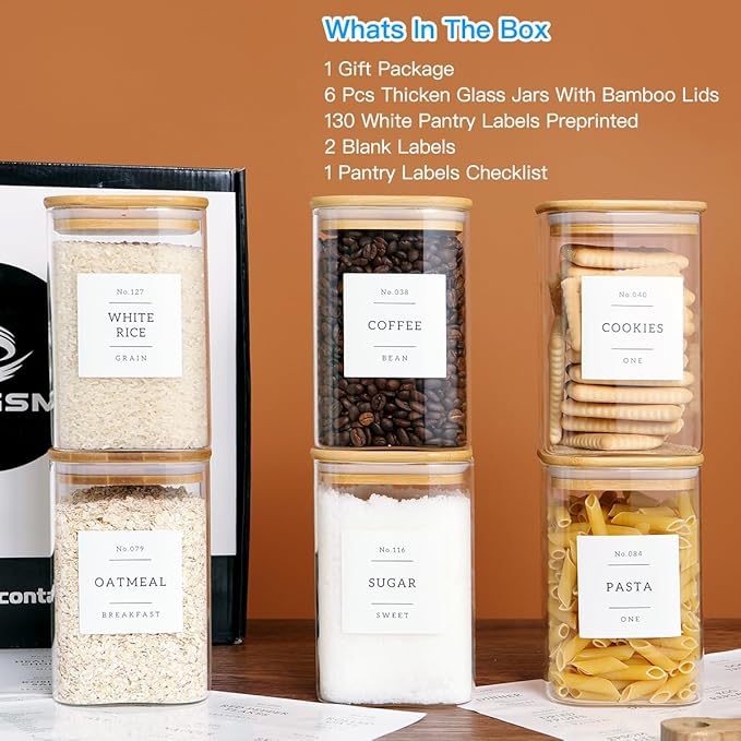 CZZGSM 6 Pack Square Kitchen Storage Jars with Airtight Bamboo Lids and 132 Pantry Labels - 35oz Glass Canisters With Wood Lids - Food Storage Containers for Coffee, Cookie, Tea, Spice