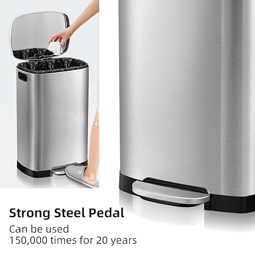 KdbK 13 Gallon Trash Can with Lid, 50L Fingerprint Proof Stainless Steel Kitchen Trash Can with Removable Inner Bucket and Lid Soft Close, Pedal Rubbish Bin for Home Office