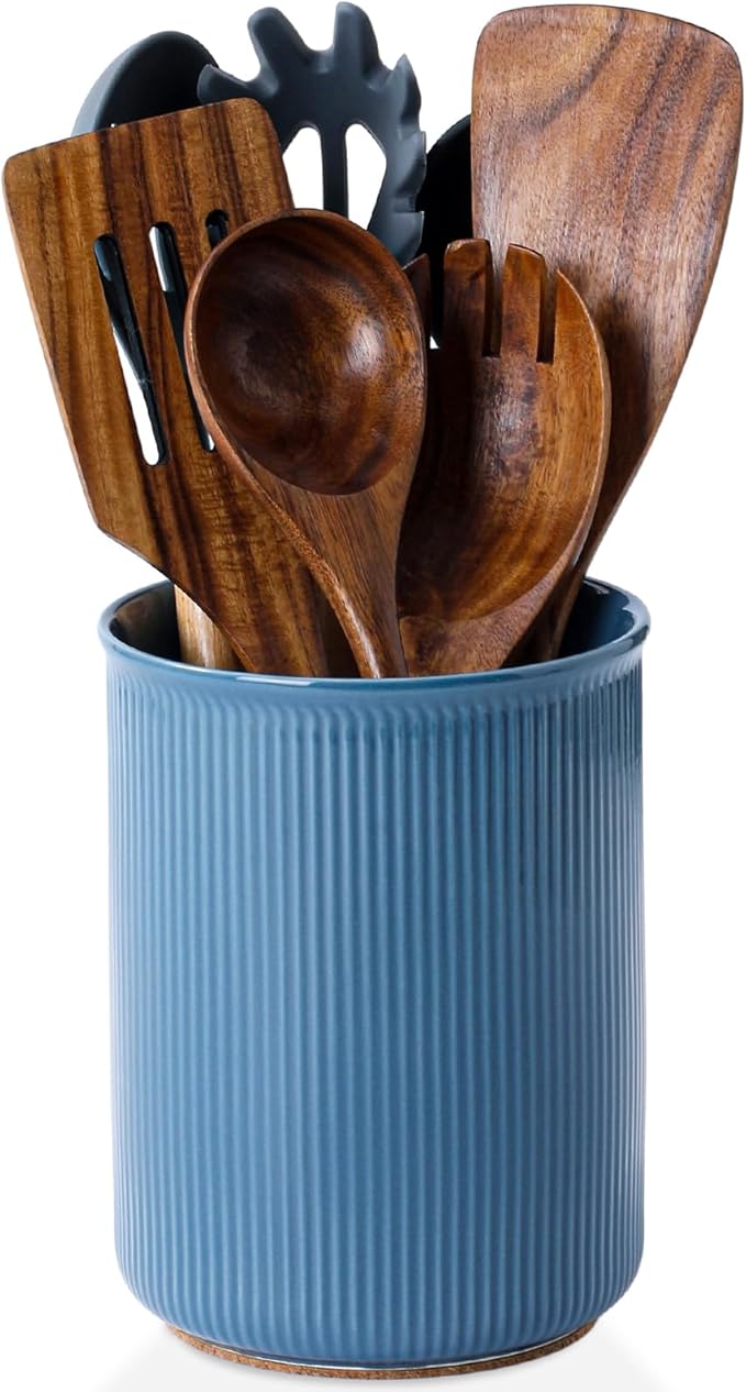 LoeJan Utensil Holder, Extra Large Utensil Crock, Stable Ceramic Utensil Organizer, Cooking Tool Organizer Set for Kitchen Counter Farmhouse Décor, Blue