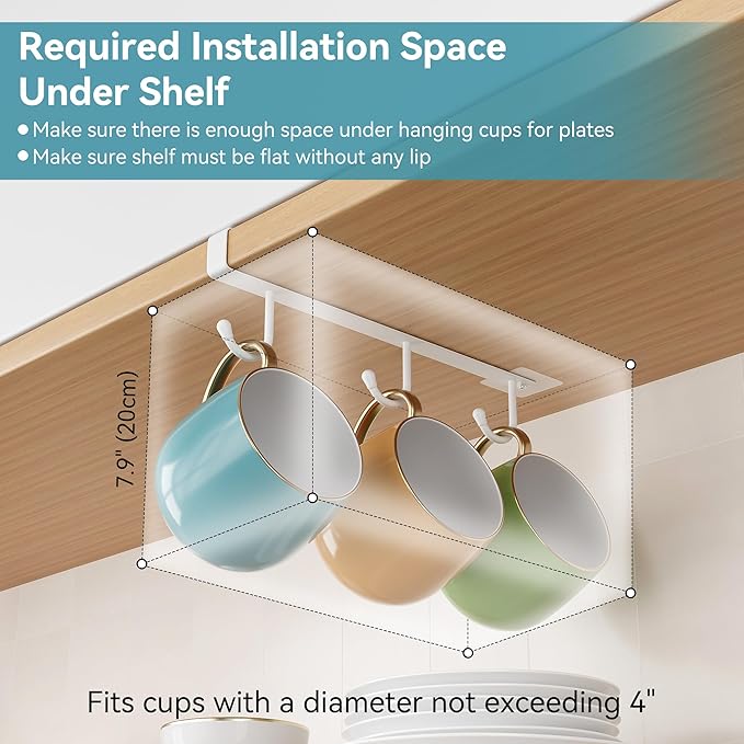 ECROCY Coffee Mug Holder Under Cabinet, 3pcs Coffee Cup Holder Only Fits Flat Shelf Without Any Lip, Clip-On Mug Hooks No Drilling Free Damage