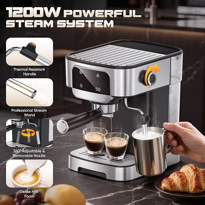 Espresso Machine 20 Bar, Professional Espresso Maker with Power Milk Frother, Compact Espresso Coffee Machine With LED Touch Screen for Home Latte, Cappuccino, 61OZ Removable Water Tank 2026