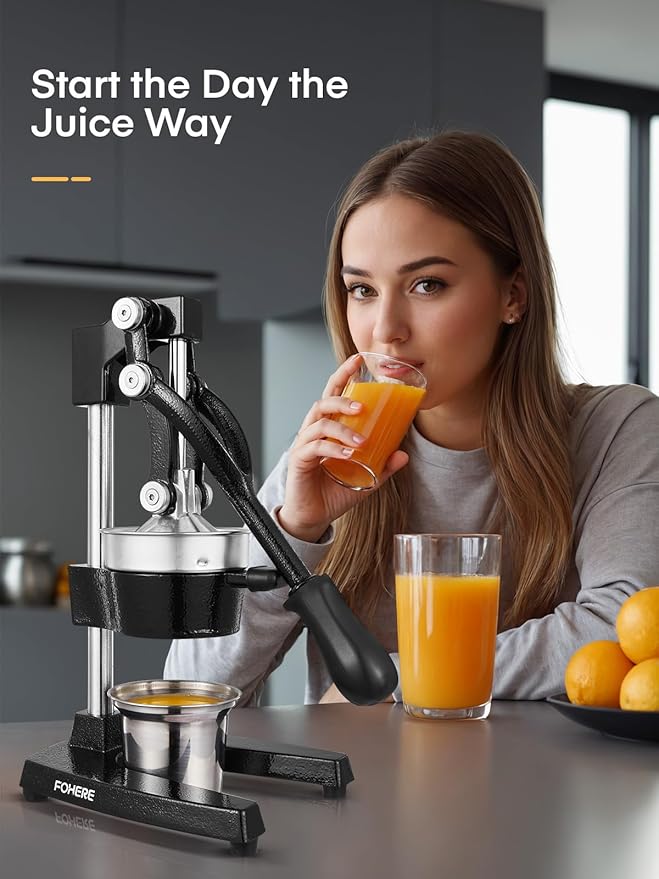 FOHERE Orange Juicer Squeezer, Cast Iron Lemon Squeezer, Commercial Citrus Juicer Hand Press for Orange, Lemon, Pomegranate, Grapefruit, Easy to Clean Citrus Squeezer with a Stainless Steel Cup