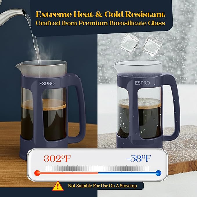 ESPRO Light P3 French Press Coffee Maker – Patented Double Micro-Filter for Grit-Free Brew, Heat Resistant thicker Borosilicate Glass Coffee press – (Blue - 32 oz)