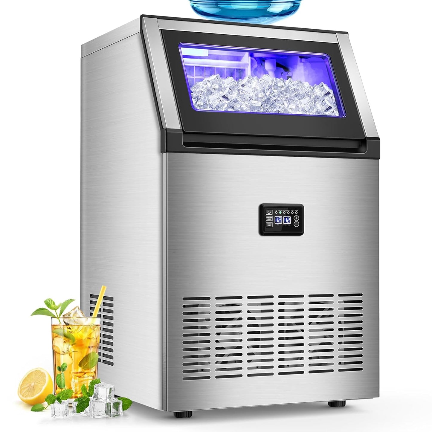160LBS/24H High Output - Commercial Ice Maker Machine - 55 Clear Ice Cubes/Round (11-20 Mins), 35LBS Storage, Stainless Steel Undercounter/Freestanding for Home/Bar/Outdoor