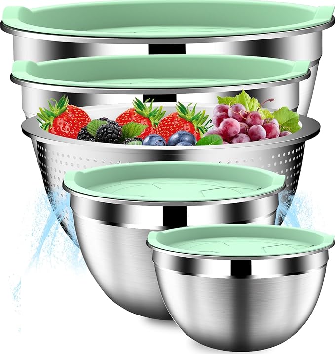 DUTZUN Mixing Bowls with Lids Set, Stainless Steel Mixing Bowl Set with Colander, Strainer with Bowls - Pistachio